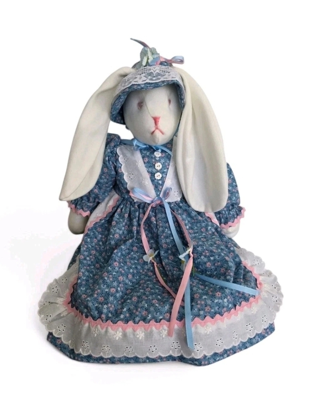 Vintage Handmade Bunny Rabbit Doll Decorative Toy Blue Floral Dress Bonnet 20"